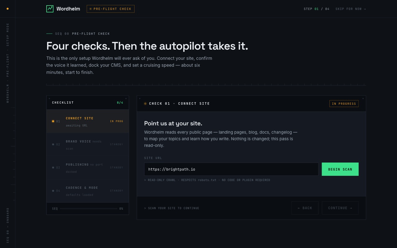 Wordhelm onboarding pre-flight checklist: connect site, brand voice, publishing, cadence